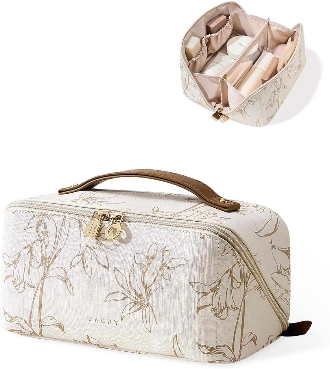 Travel Makeup Bag, Large Capacity Cosmetic Bags for Women, Waterproof Portable Pouch Open Flat Toiletry Bag Pattern Make up Bag (F-Beige)