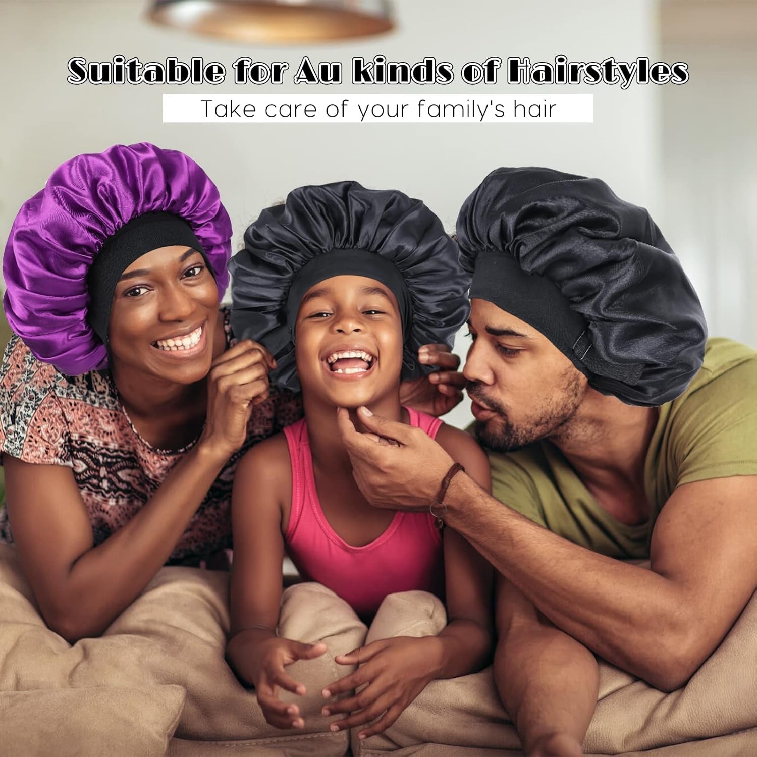 Silk Bonnet for Sleeping Double Layer Satin Bonnet Adjustable Bonnets for Black Women Sleep Cap Reversible Hair Bonnet for Curly Hair (Black and Purple)