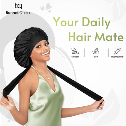 Silk Sleep Bonnet for Women - Satin Hair Cap with Tie Band for Curly Hair - Black