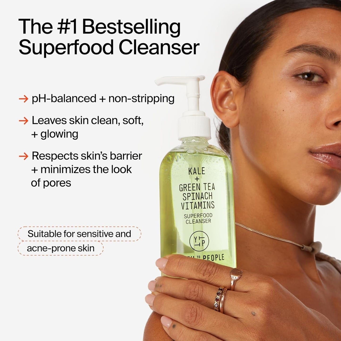 Superfood Facial Cleanser, Kale and Green Tea Spinach Face Wash, Gentle Makeup Remover + Pore Minimizer for All Skin Types, Vegan, Refillable Skincare