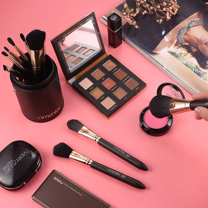 Makeup Brush Set Professional, 12 Pearlescent Wood Handle Makeup Brushes, Premium Cruelty-Free Synthetic Fiber Hair, Travel Make up Brushes Set with Case (Black).