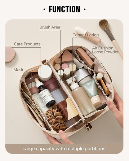 Travel Makeup Bag, Large Capacity Cosmetic Bags for Women, Waterproof Portable Pouch Open Flat Toiletry Bag Pattern Make up Bag (F-Beige)