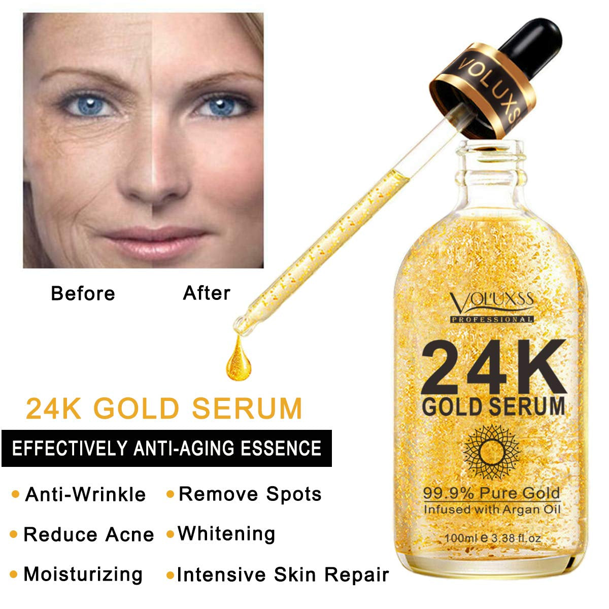 24K Gold Serum for Face,Skin Brightening anti Aging Face Serum Moisturizer with Vitamin C,Hyaluronic Acid & Argan Oil for Dark Spots & Fine Lines,Korean Skin Care Glow Collagen Booster Serum