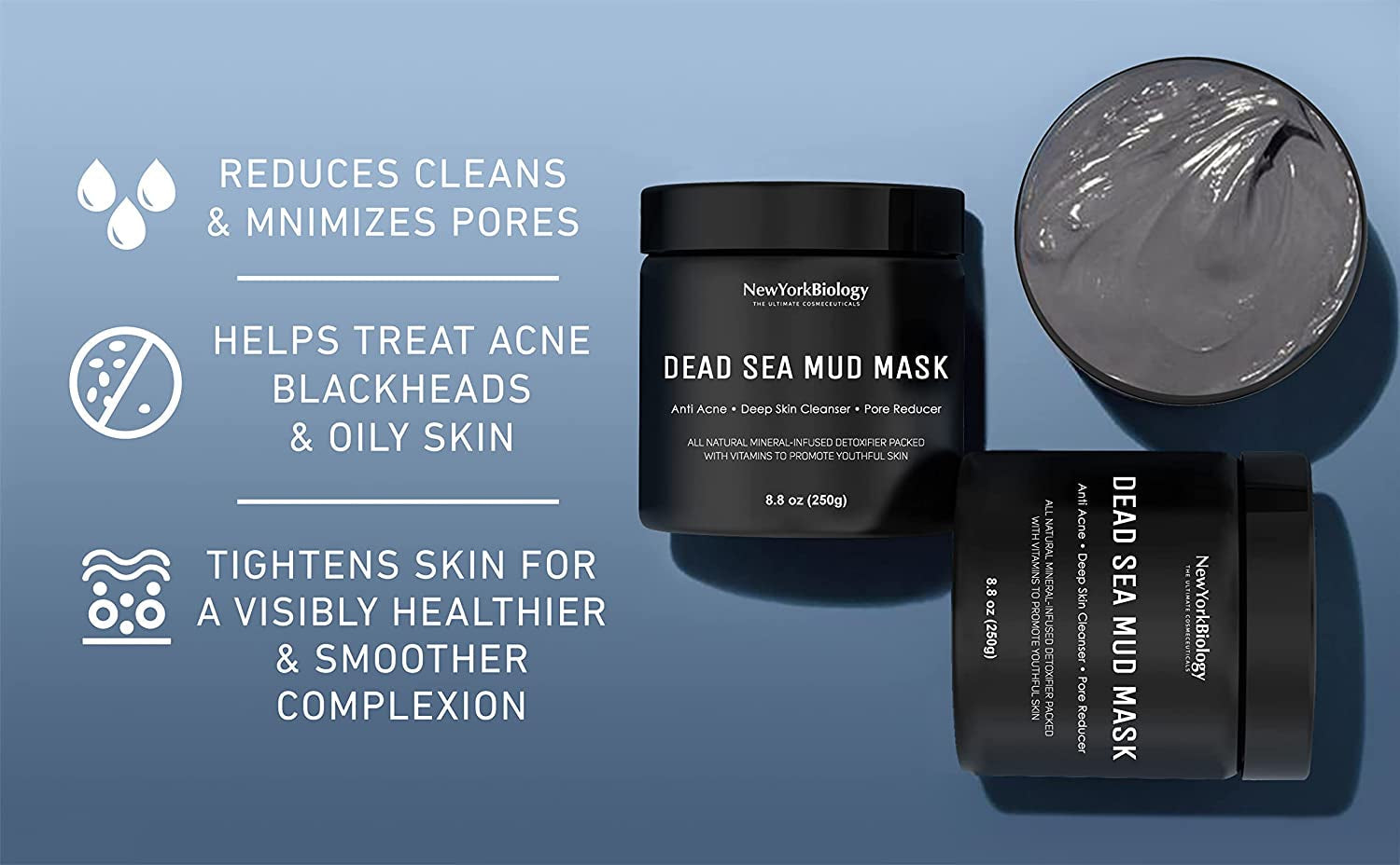 New York Biology Dead Sea Mud Mask for Face and Body - Spa Quality Pore Reducer for Acne, Blackheads & Oily Skin, Natural Skincare for Women, Men - Tightens Skin for a Healthier Complexion - 8.8 Oz