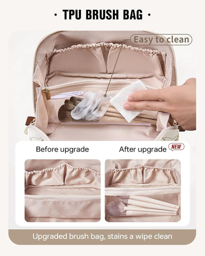 Travel Makeup Bag, Large Capacity Cosmetic Bags for Women, Waterproof Portable Pouch Open Flat Toiletry Bag Pattern Make up Bag (F-Beige)