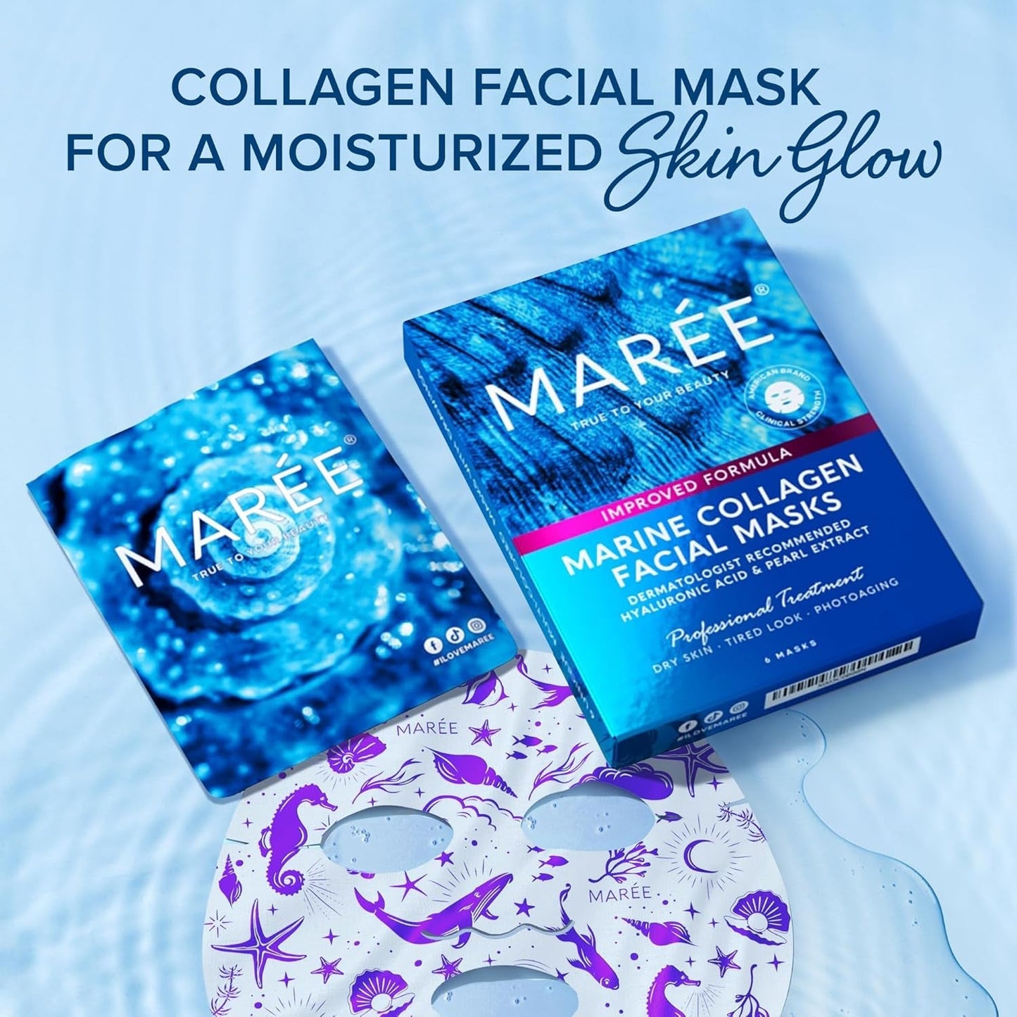 Collagen Facial Mask with Hyaluronic Acid and Algae Extract - Hydrating Sheet Masks for Women's Skincare - 6 Pack