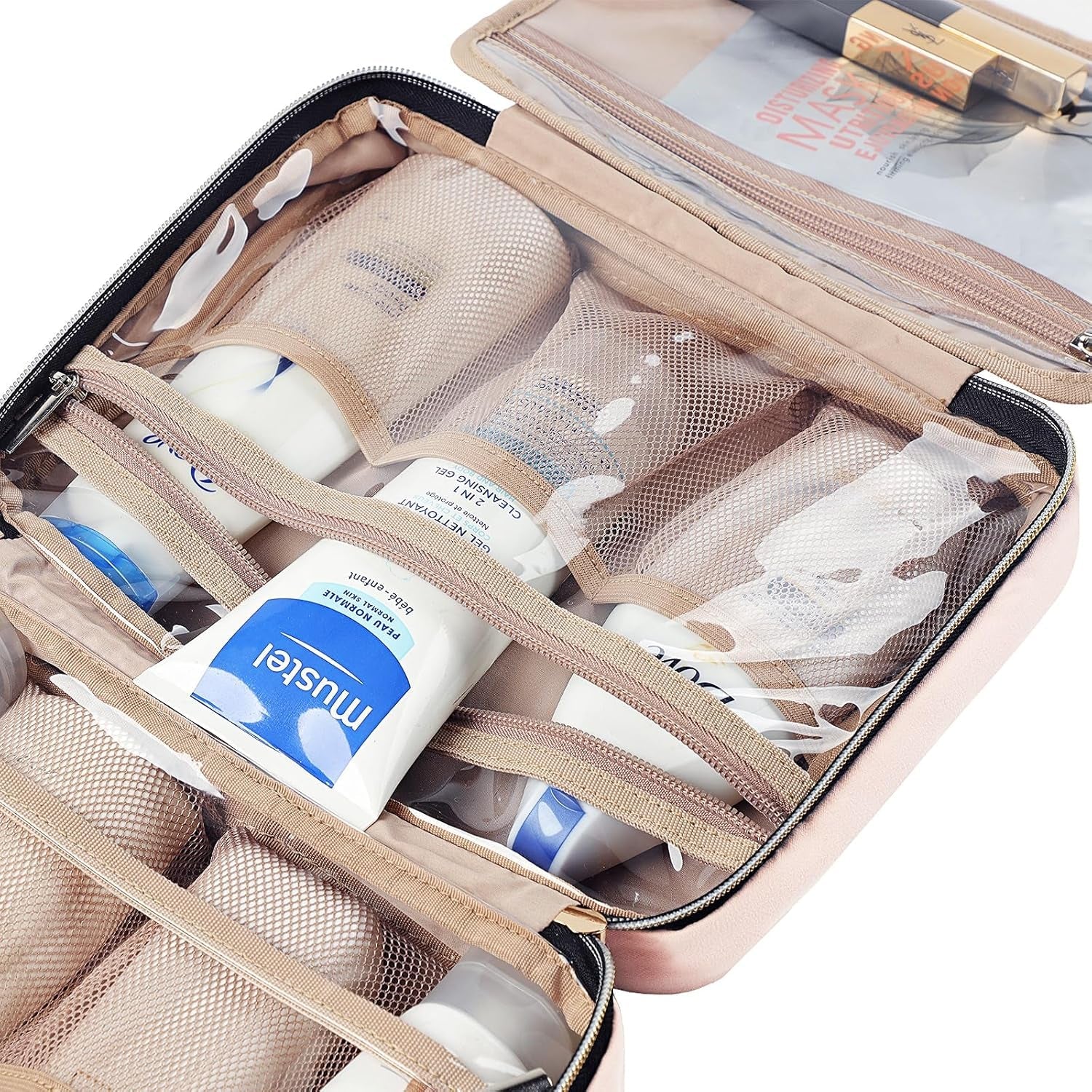 Travel Toiletry Bag for Women, Portable Hanging Organizer for Travel-Sized Shampoo, Conditioner, Brushes Set, Makeup Accessories, Medium Size, Pink