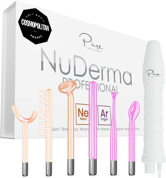 Nuderma Professional Skin Therapy Wand - Portable Device with 6 Neon and Argon Wands for Enhanced Skin Clarity, Firmness, and Tightening