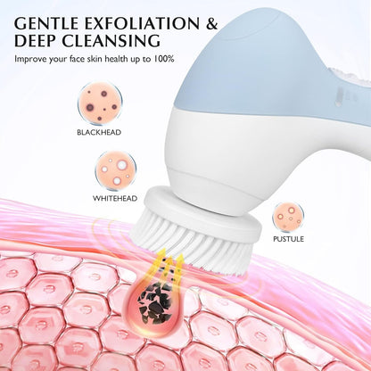 Facial Cleansing Brush Silicone Face Scrubber: 7 in 1 FBS-D Electric Exfoliating Rotating Massage Device Waterproof Deep Cleaning Exfoliation Spa Machine - Electronic Skin Care Wash System