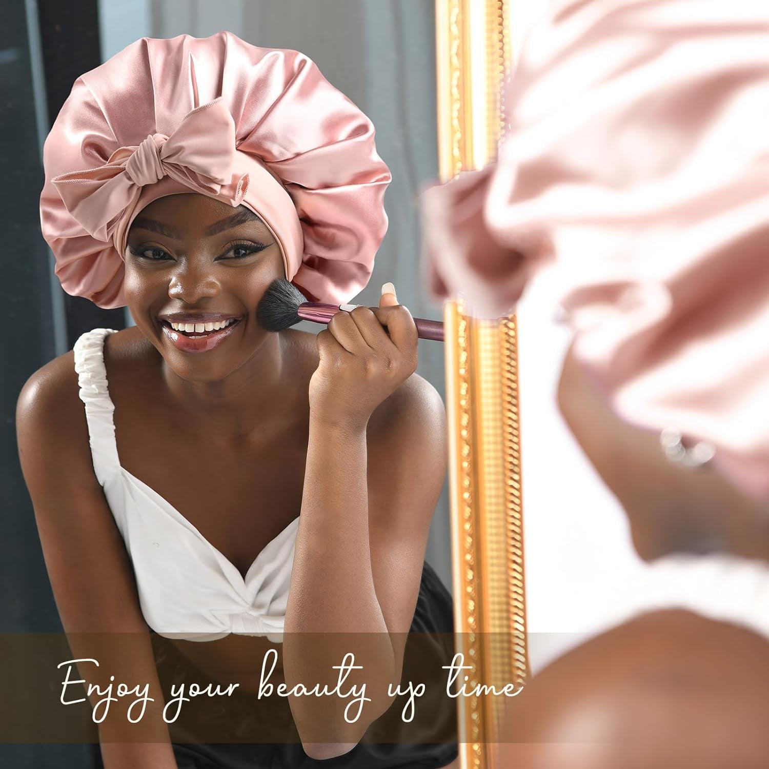 Double Layer Satin Lined Silk Bonnet for Women with Tie Band - Ideal for Curly Hair Care During Sleep