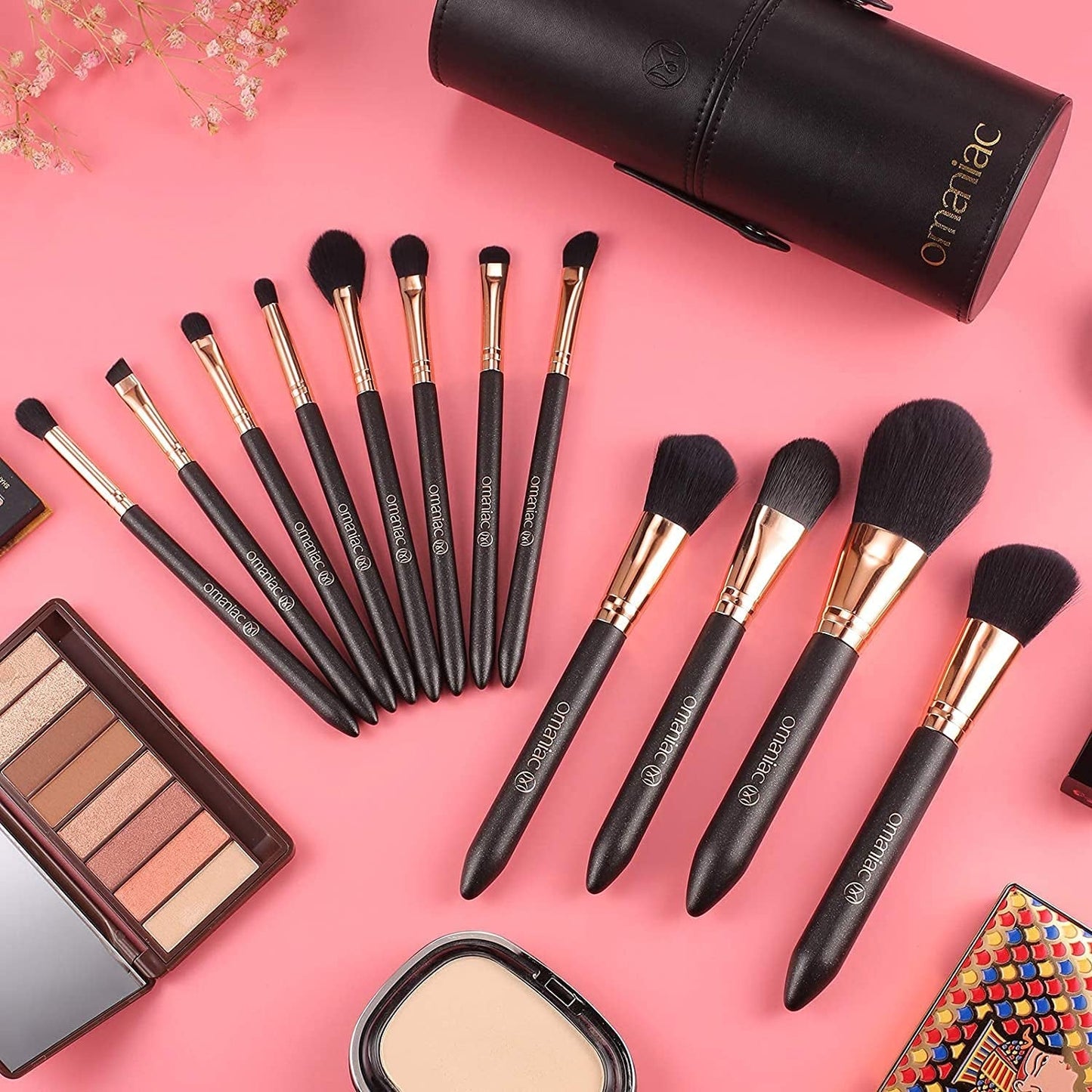 Makeup Brush Set Professional, 12 Pearlescent Wood Handle Makeup Brushes, Premium Cruelty-Free Synthetic Fiber Hair, Travel Make up Brushes Set with Case (Black).