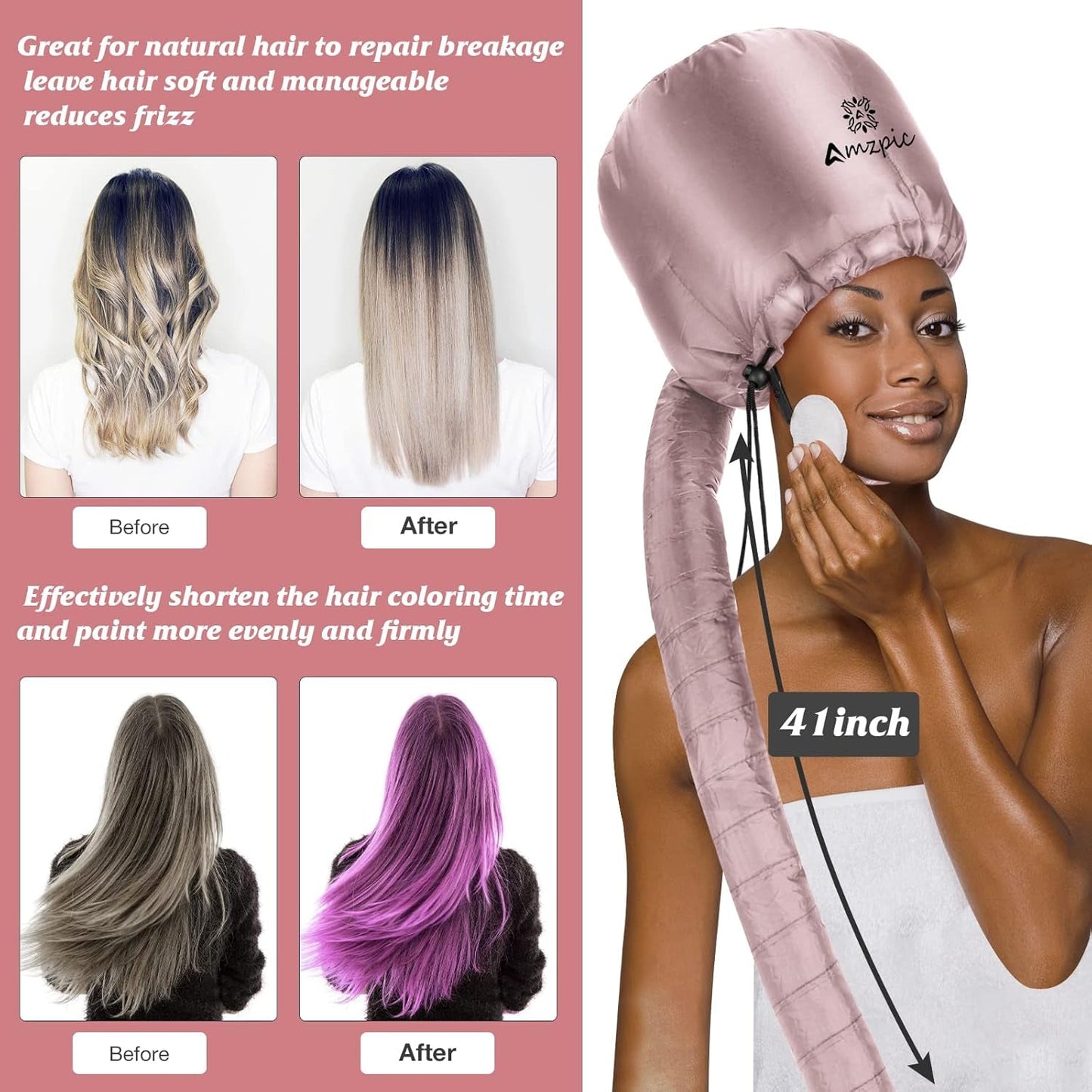 Bonnet Hood Hair Dryer Attachment - Soft, Adjustable Extra Large Bonnet Hair Dryer for Speeds up Drying Time at Home, Easy to Use for Styling, Curling and Deep Conditioning (Pink)