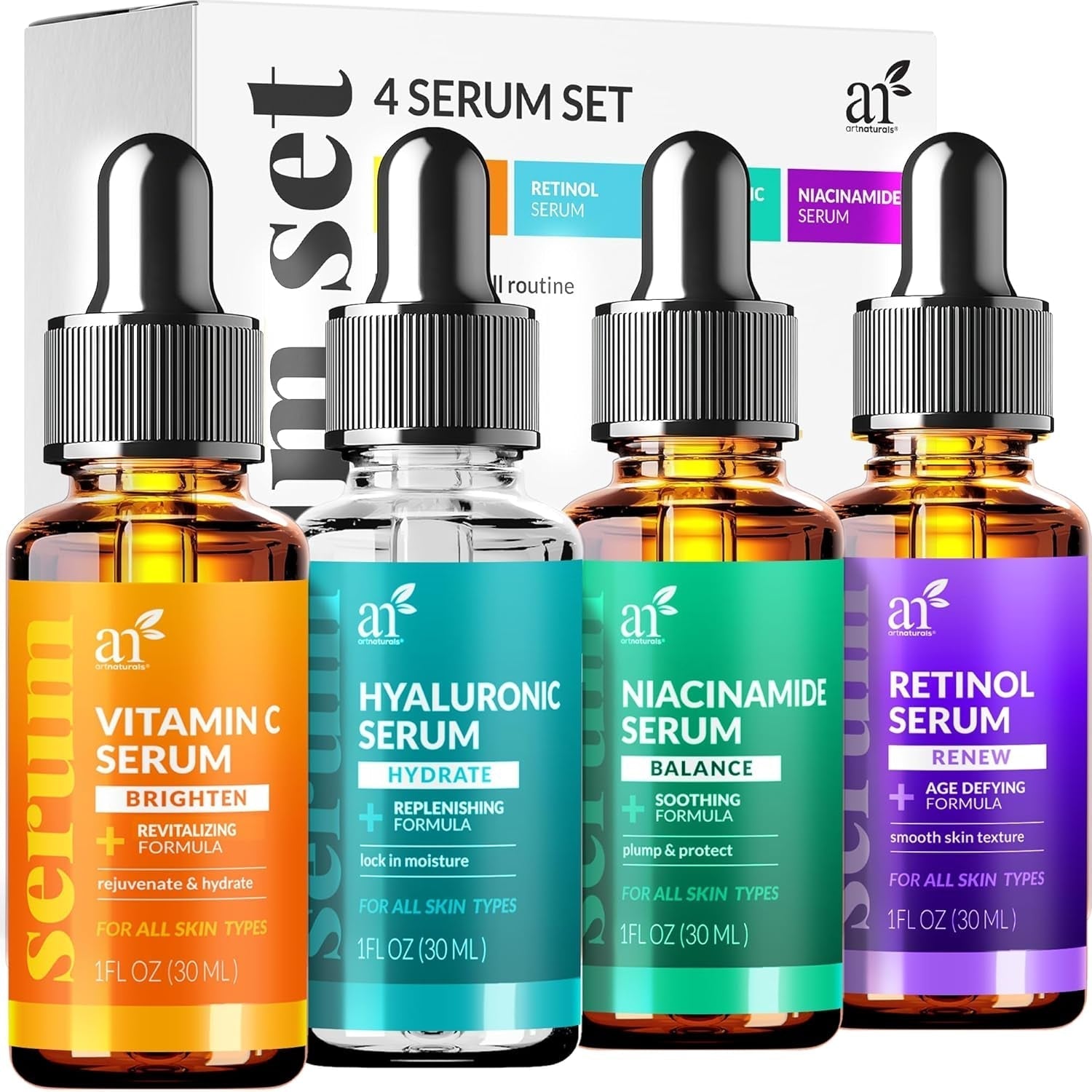 Vitamin C Serum Skin Care 4-Piece Set: Includes Retinol, Hyaluronic Acid & Niacinamide – Anti-Aging, Skin Brightening, Hydrating, Wrinkle Reduction, Dark Spot Corrector – 3-Month Supply –