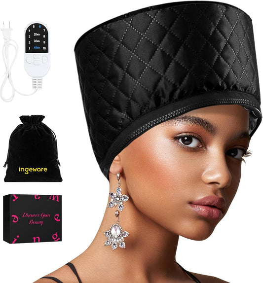 Professional Thermal Heat Cap for Deep Conditioning and Hair Steaming - Portable Electric Spa Cap for Natural Hair (Solid Black)
