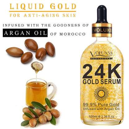24K Gold Serum for Face,Skin Brightening anti Aging Face Serum Moisturizer with Vitamin C,Hyaluronic Acid & Argan Oil for Dark Spots & Fine Lines,Korean Skin Care Glow Collagen Booster Serum